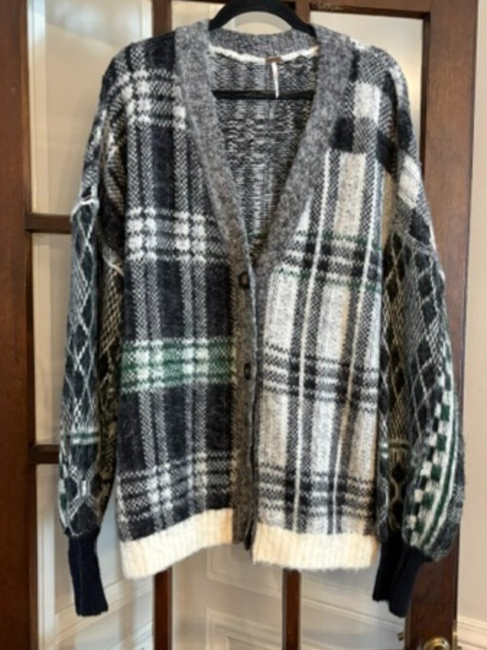 Free People McGregor Plaid Cardigan in Green Tea Colorway, Size Medium.